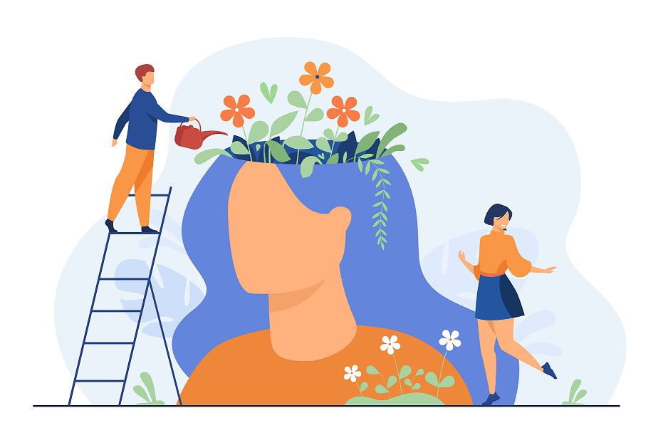 Imagem com um homem em cima de uma escada para regar flores que na verdade estão na cabeça de uma moça. Uma ilustração para falar da importância da saúde mental. 